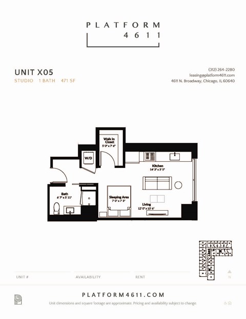 Studio floor plan of unit x05 at Platform 4611, Illinois